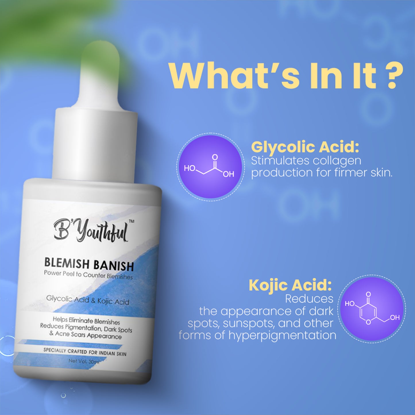 B'youthful Blemish Banish 10 min peel with Kojic & glycolic acid to remove blemishes, pigmentation - 30 ml