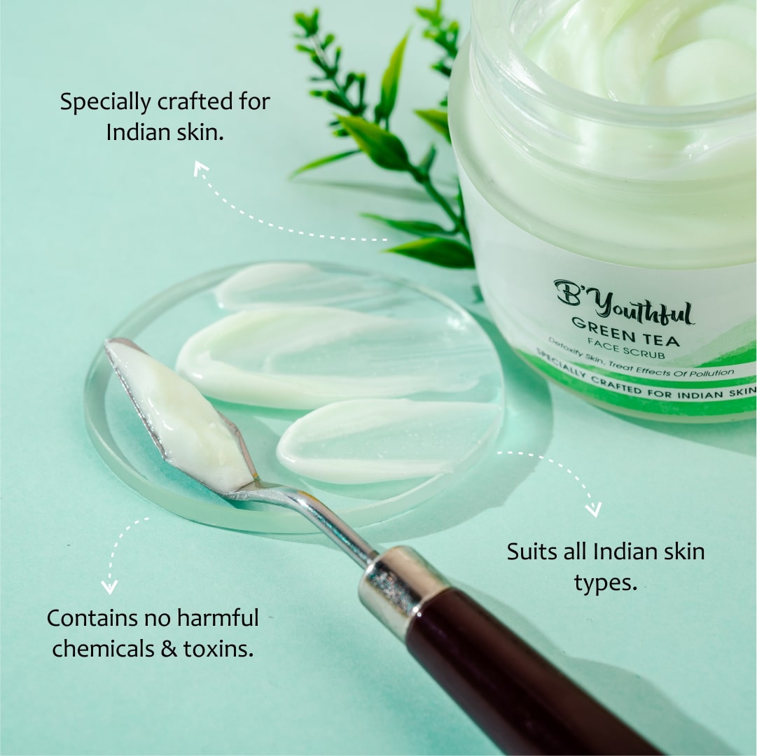 B'youthful Green tea face scrub for skin detoxification - 100 gm