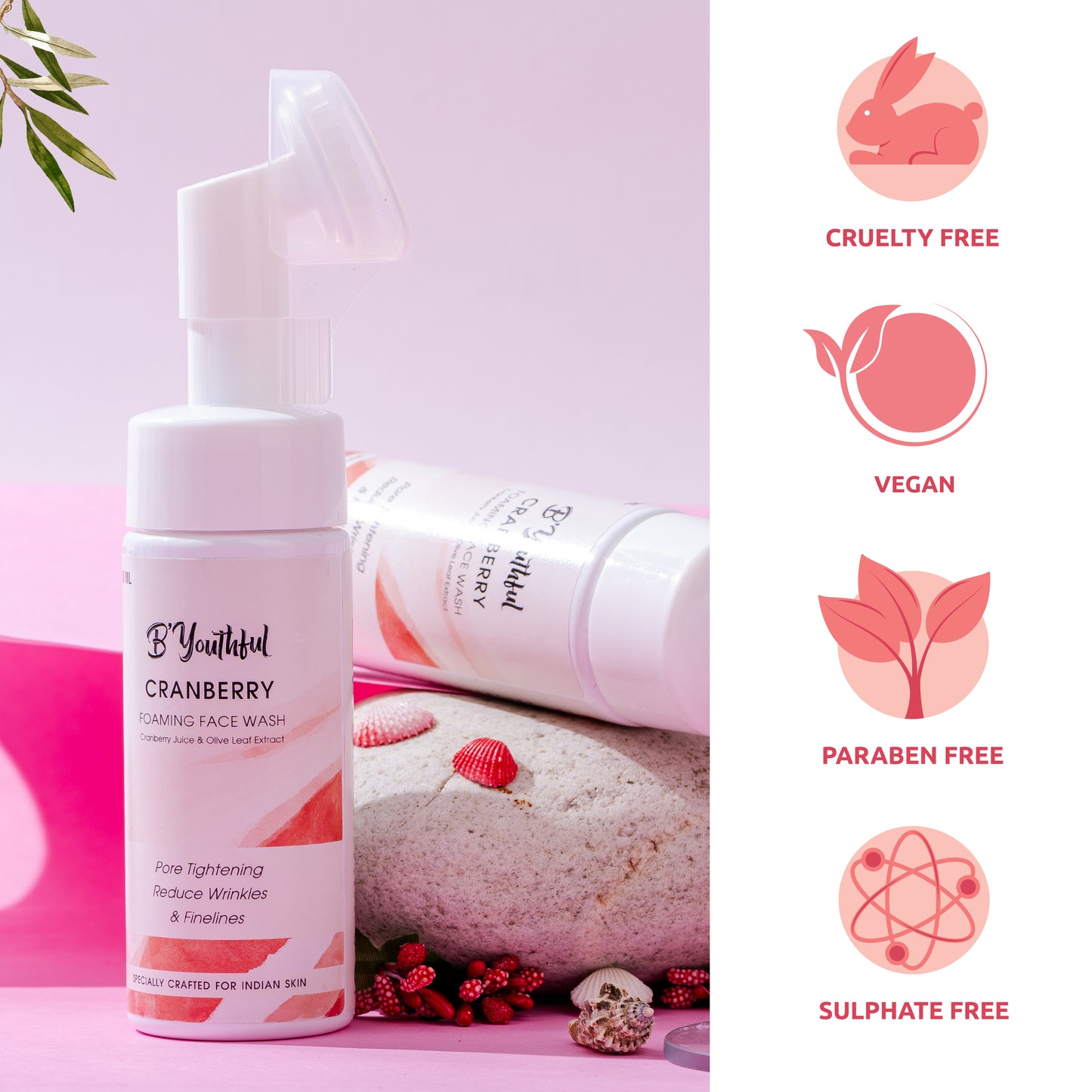 B'youthful Cranberry foaming facewash with olive leaf extract for young & bright skin - 150 ml