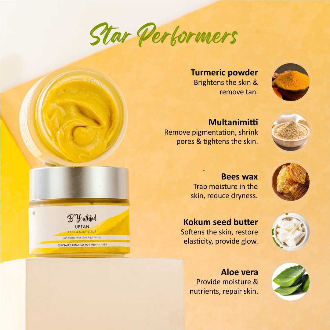 B'youthful Ubtan face scrub for tan removing & skin brightening - 100 gm