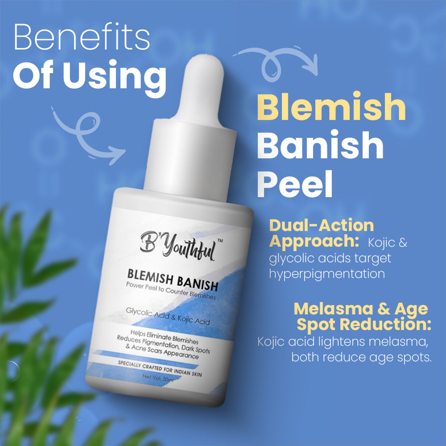 B'youthful Blemish Banish 10 min peel with Kojic & glycolic acid to remove blemishes, pigmentation & dark spots - 30 ml