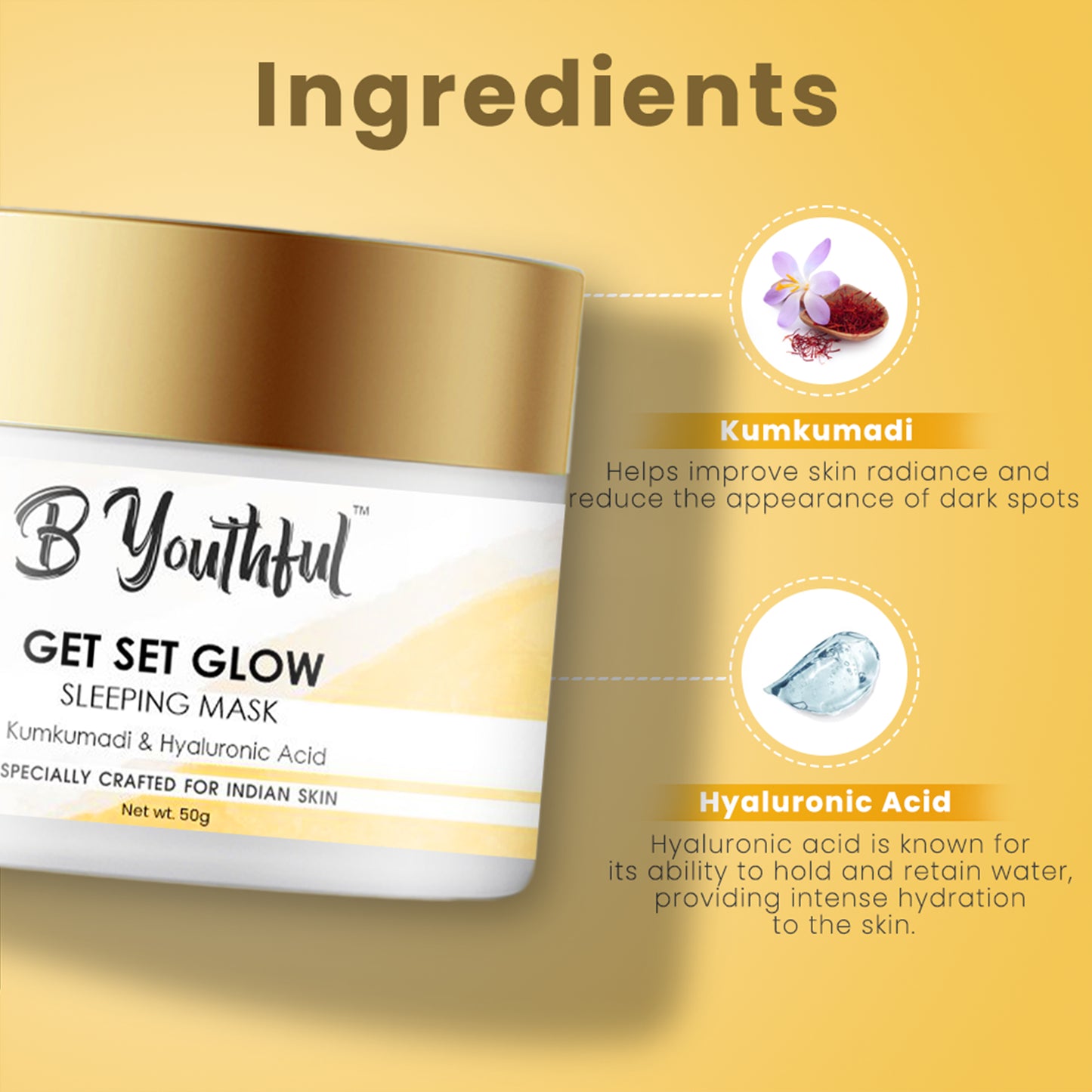 B'youthful Get Set Glow sleeping mask with Kumkumadi & Hyaluronic acid for glittering, glowing skin - 50 gm