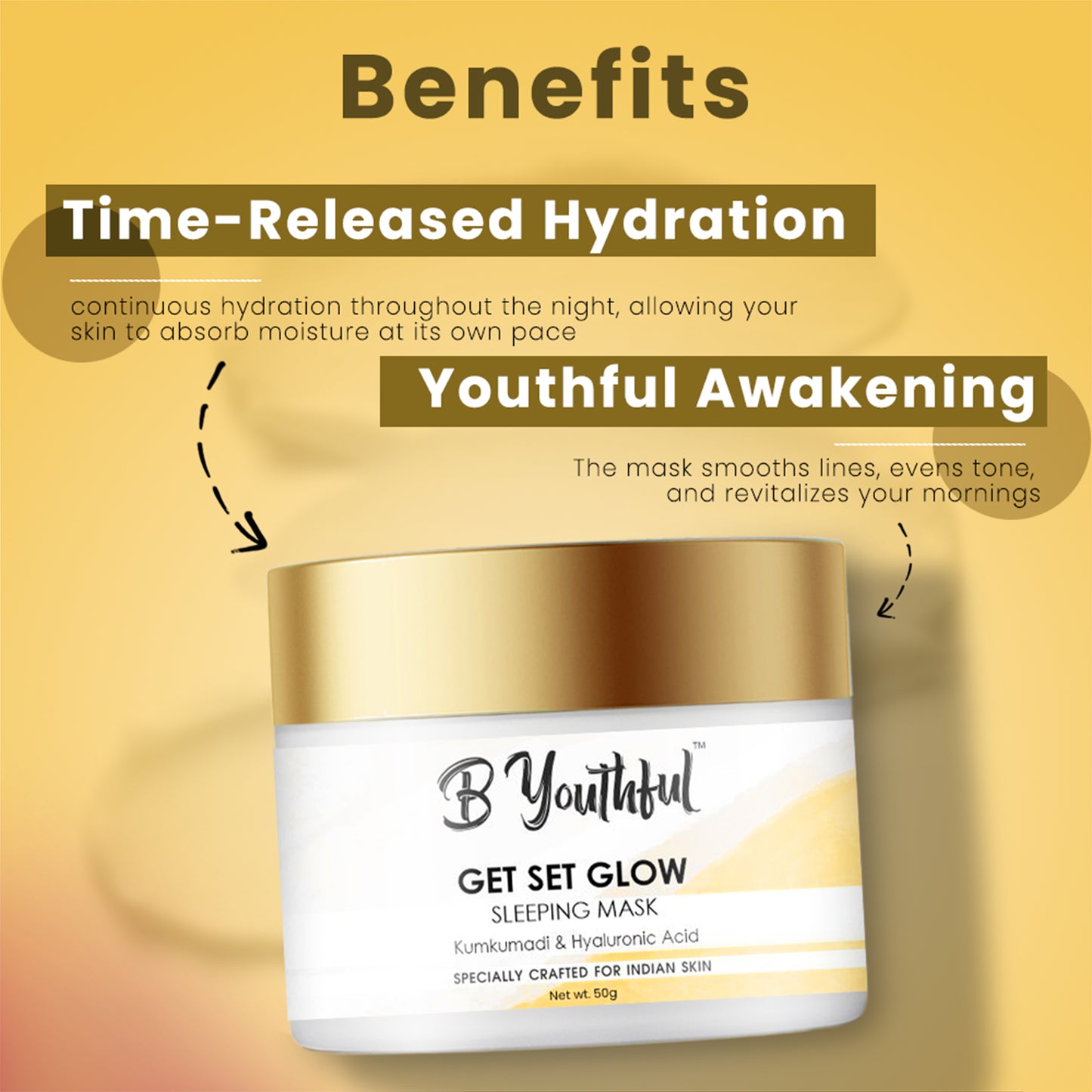 B'youthful Get Set Glow sleeping mask with Kumkumadi & Hyaluronic acid for glittering, glowing skin - 50 gm