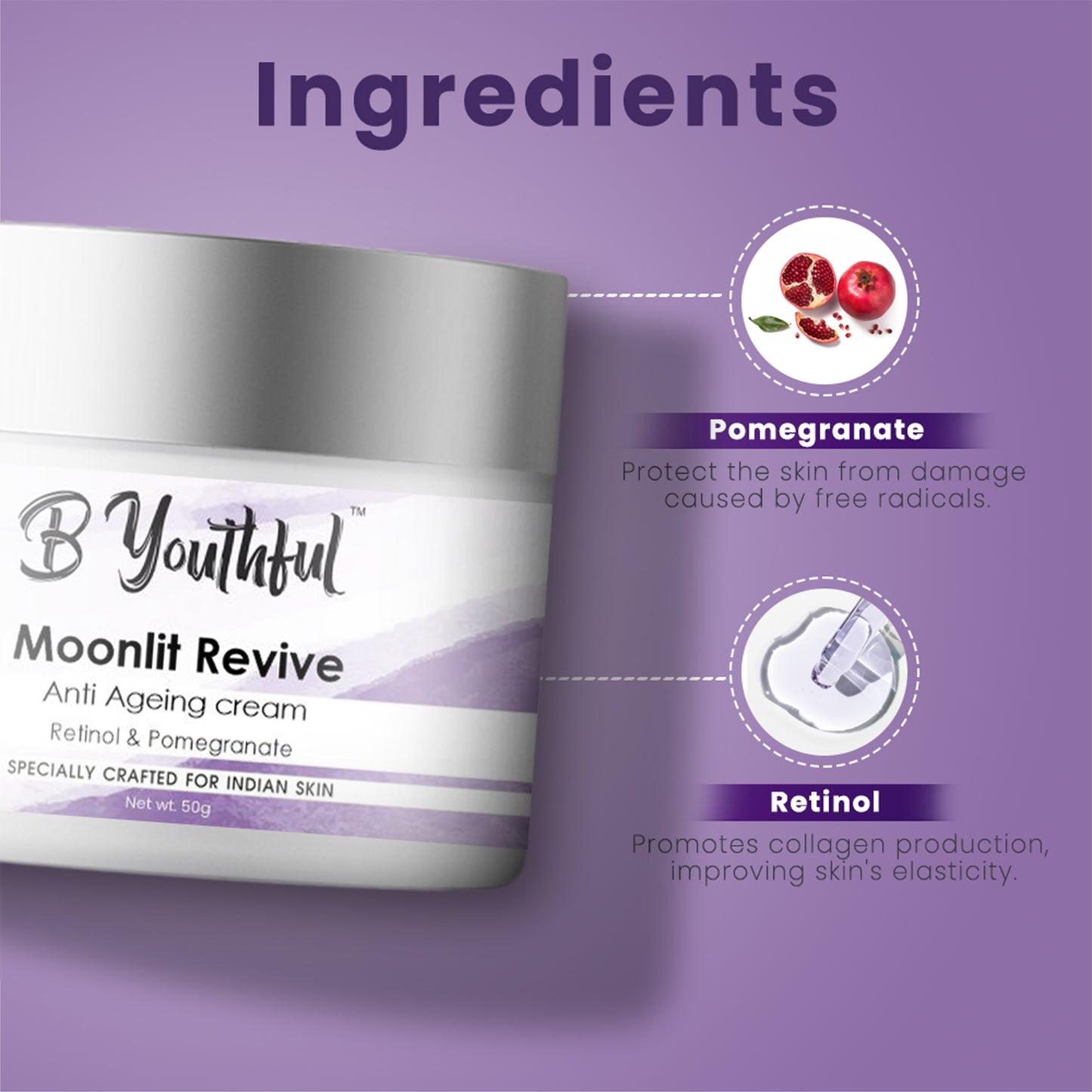 B'youthful Moonlit revive Anti-ageing night cream with Retinol & pomegranate for tight & glowing skin - 50 gm