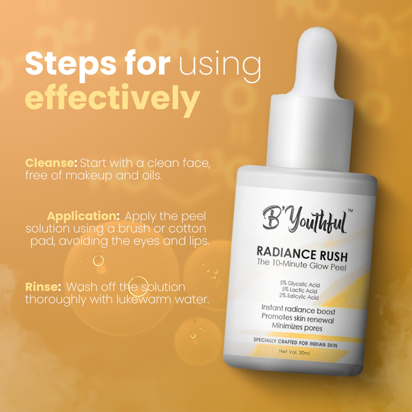 B'youthful Radiance Rush 10 min Glow peel for instant Glow & Radiance with Glycolic, Lactic & Salicylic acid - 30 ml