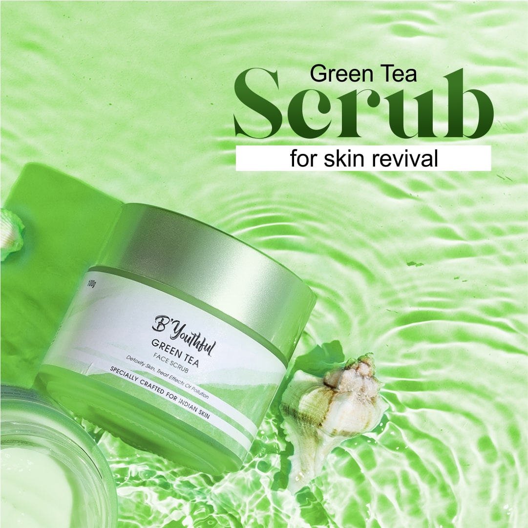 B’youthful green tea face scrub for skin detoxification (100 gm)