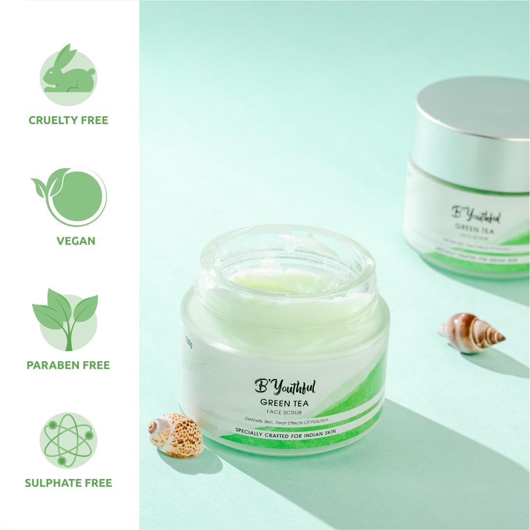 B’youthful green tea face scrub for skin detoxification (100 gm)