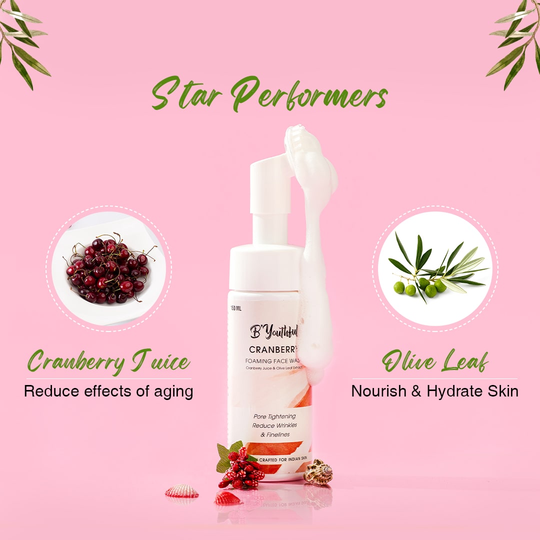 B'Youthful Cranberry foaming facewash with olive leaf extract for young & bright skin